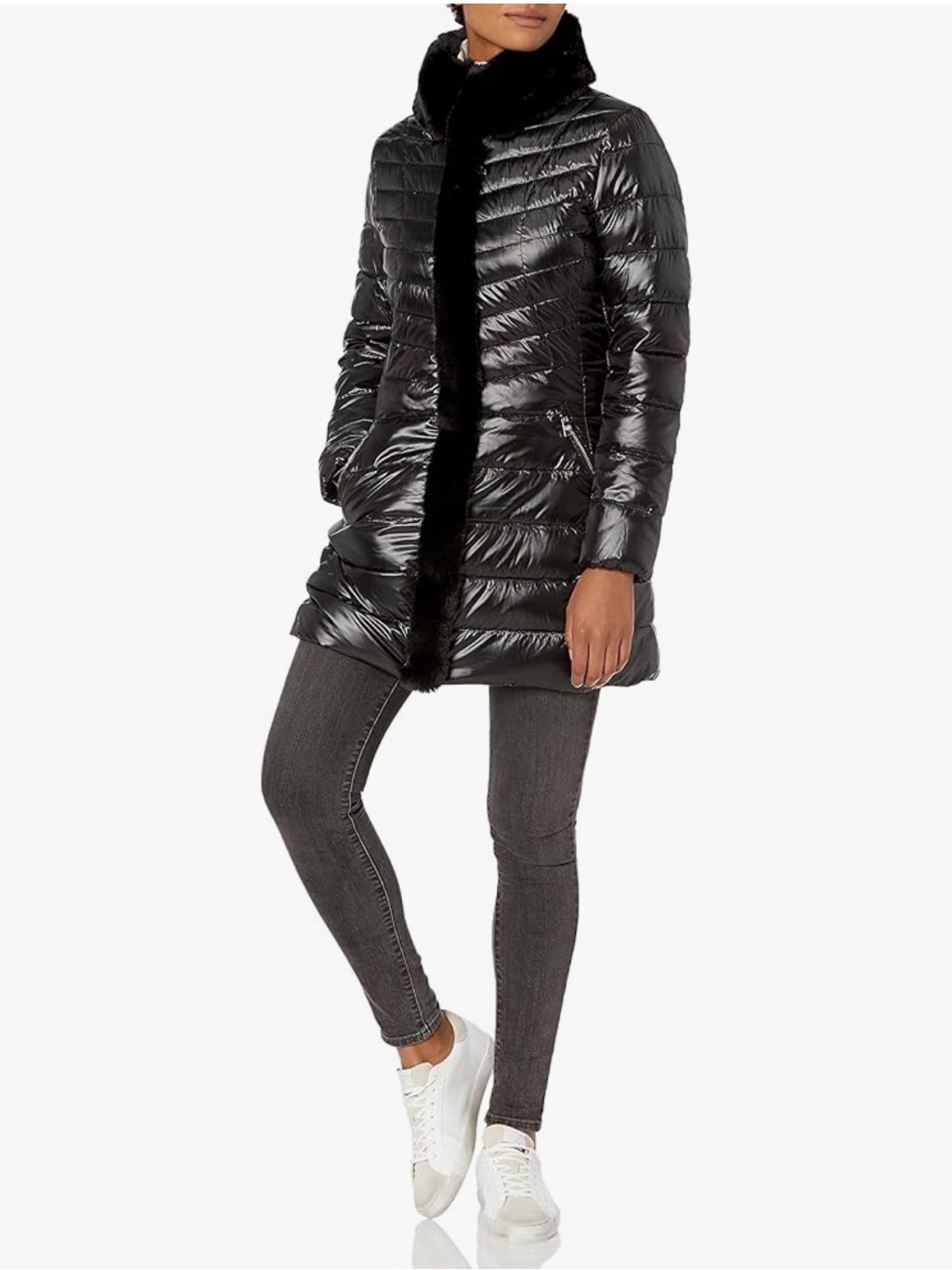 Karl Lagerfeld Paris Women's Tuxedo Down Coat With Faux Fur Xs